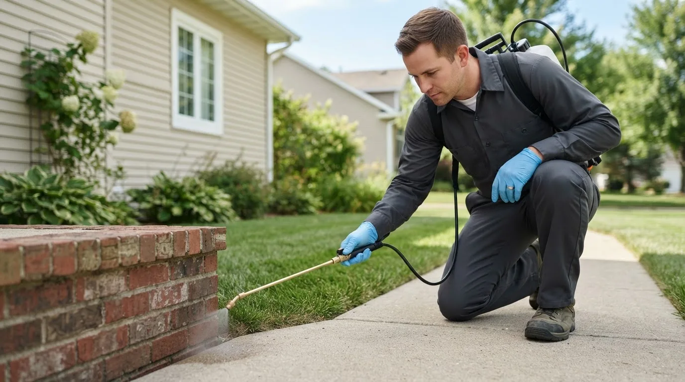 Pest control technician treating a home near North Canton, OH
