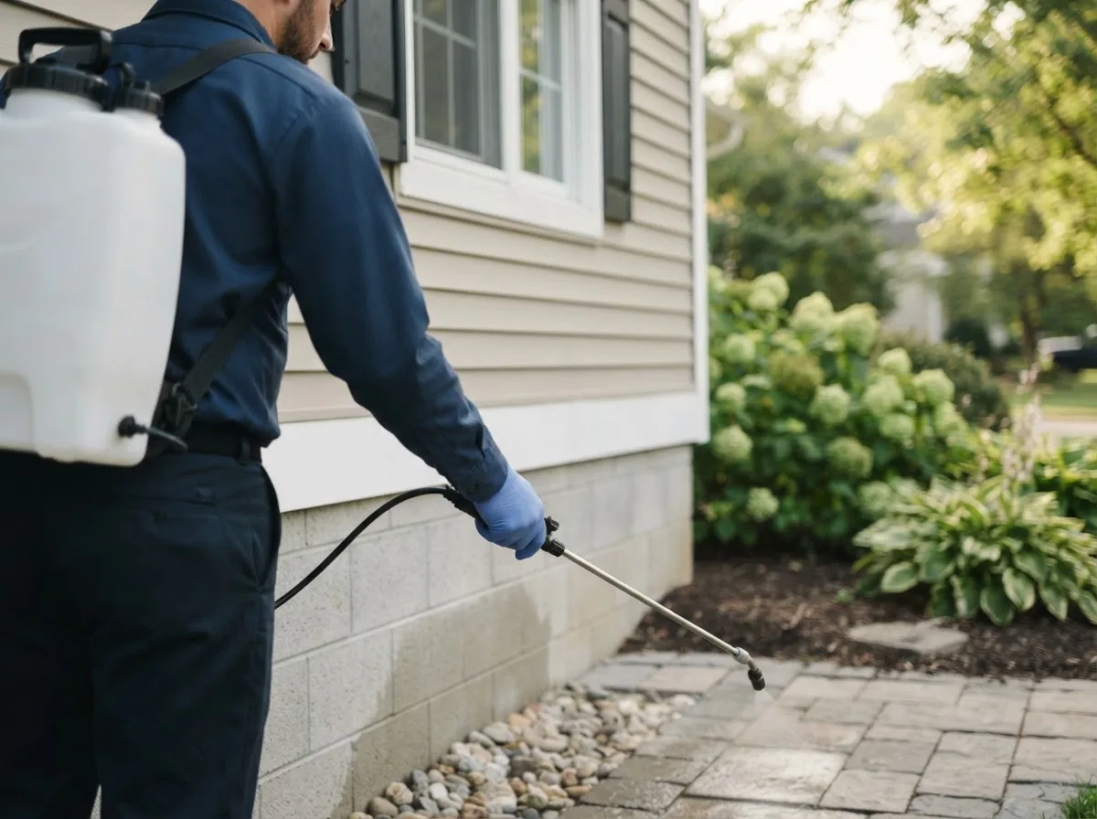 Pest control technician inspecting a home in North Canton, OH